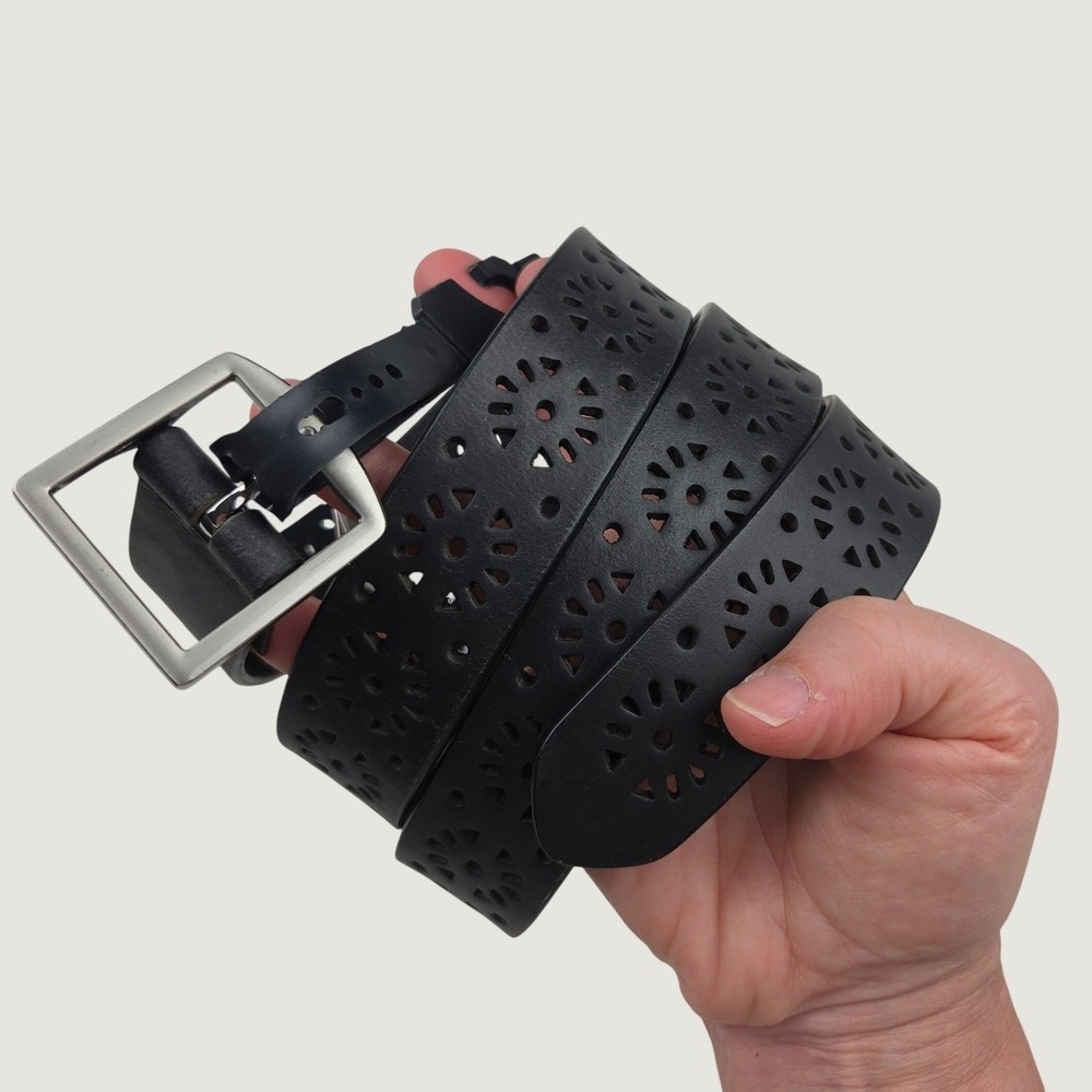 NWT Black Perforated Leather Belt Floral Festival XL Boho Silver Tone Buckle